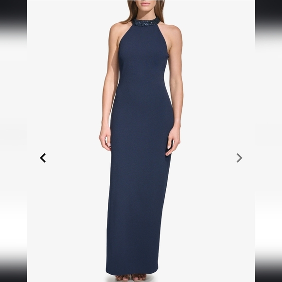 NWT Vince Camuto Sequined Embellished Halter Column Gown in Navy Size 4 - Picture 1 of 12